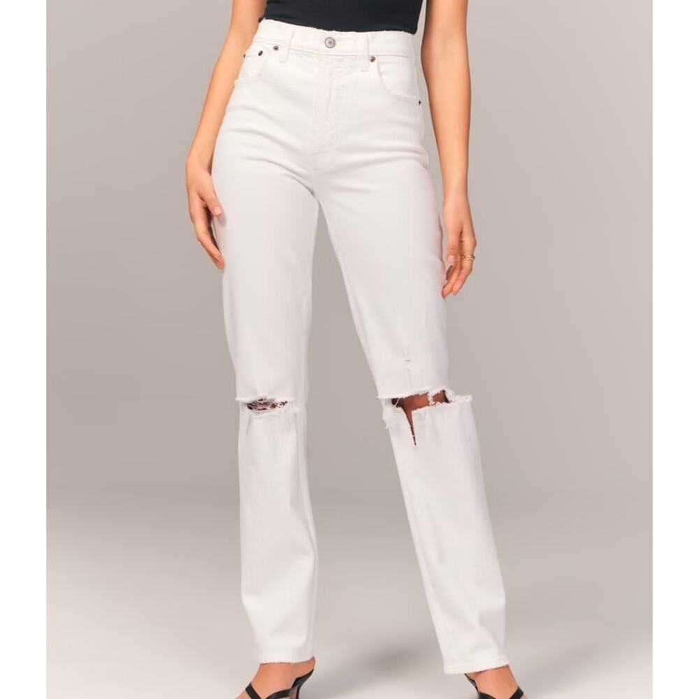ABERCROMBIE The 90s Straight Ultra High Rise Destroyed Jeans White 34 Short